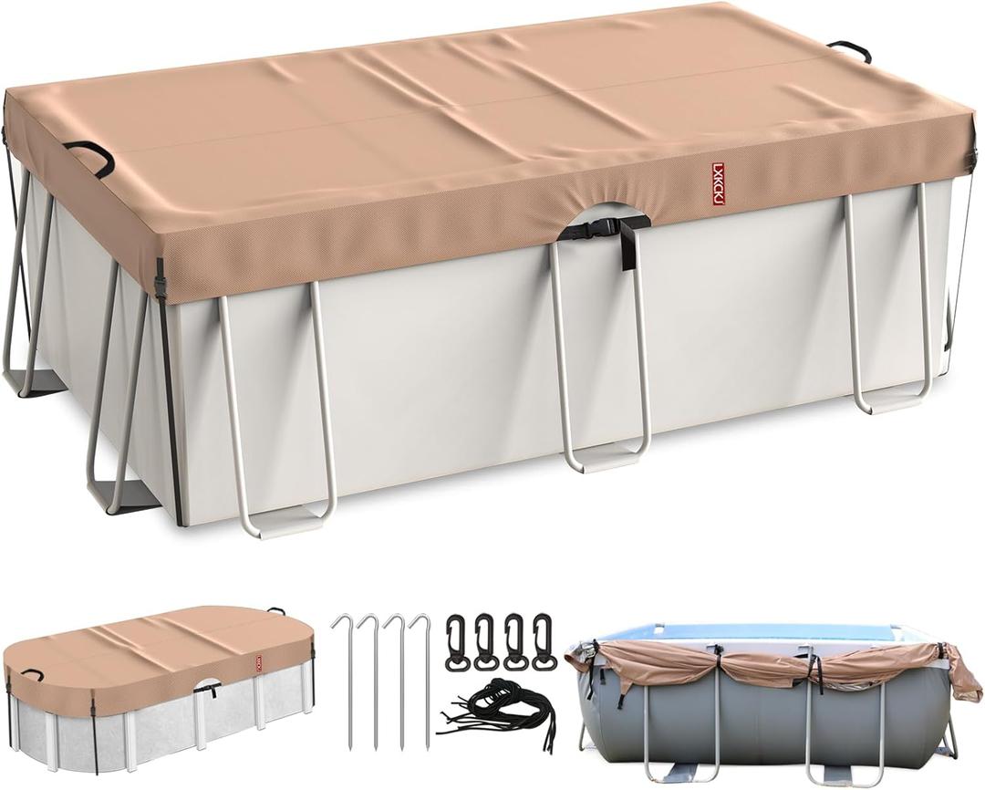 LXKCKJ 7x13 FT Rectangular Pool Cover for Above Ground Pool, Solar Oval Pool Cover Protection with Tensioner, Ideal for Rectangular/Oval Frame Pool Waterproof & UV-Resistant (Brown)