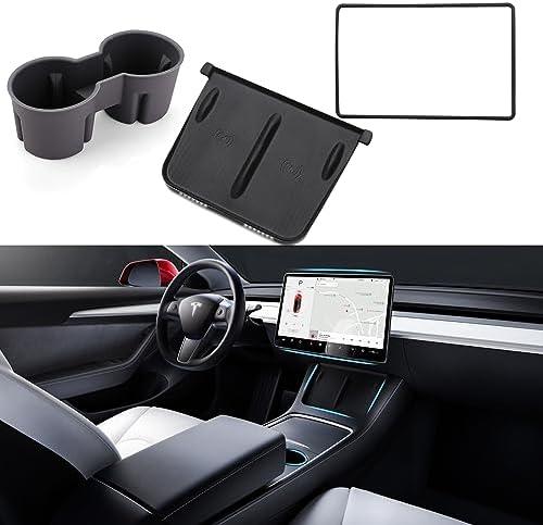 TOPABYTE 3PCS Center Console Accessories for Tesla Model Y 2021-2024 and Model 3 2021-2023 Cup Holder Insert, Screen Edge Protector Frame, Silicone Wireless Charger Mat, Black
