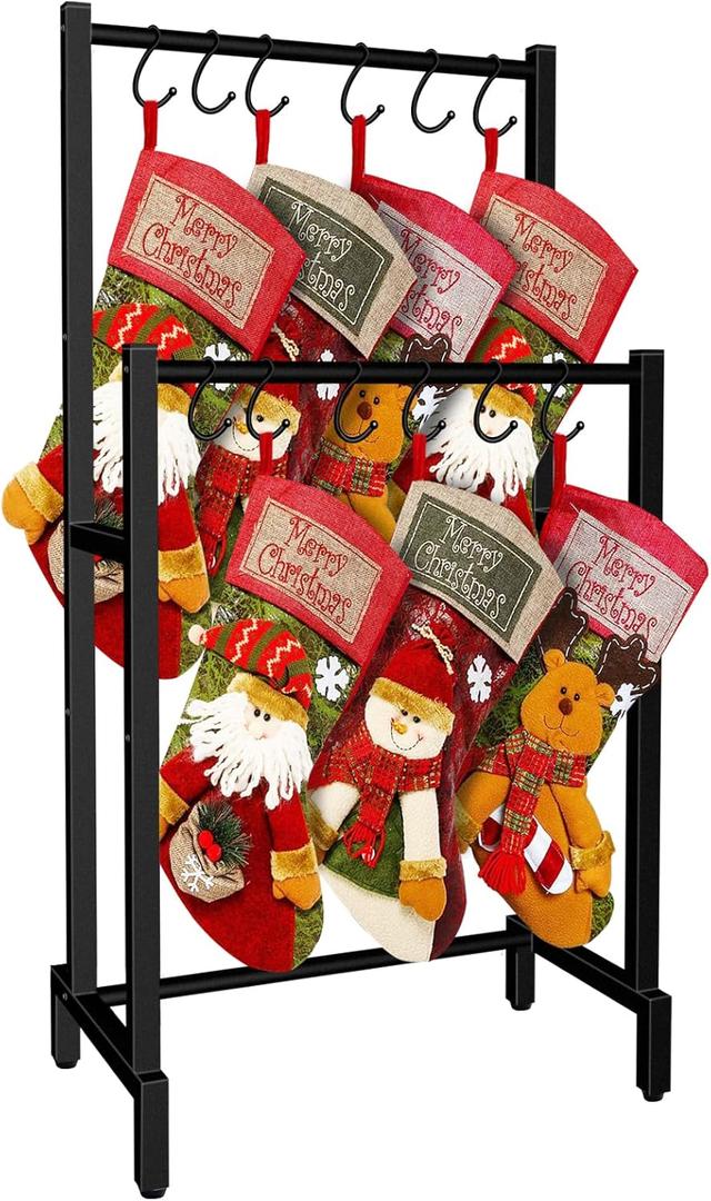 LUBORN Christmas Stocking Holder Stand for Floor, 2 Tier Christmas Stocking Hanger Rack with 12 Hooks, Iron Metal Holiday Decor Stockings Holders 20.5L x 46 H x 11.8 W (Stockings Not Included)