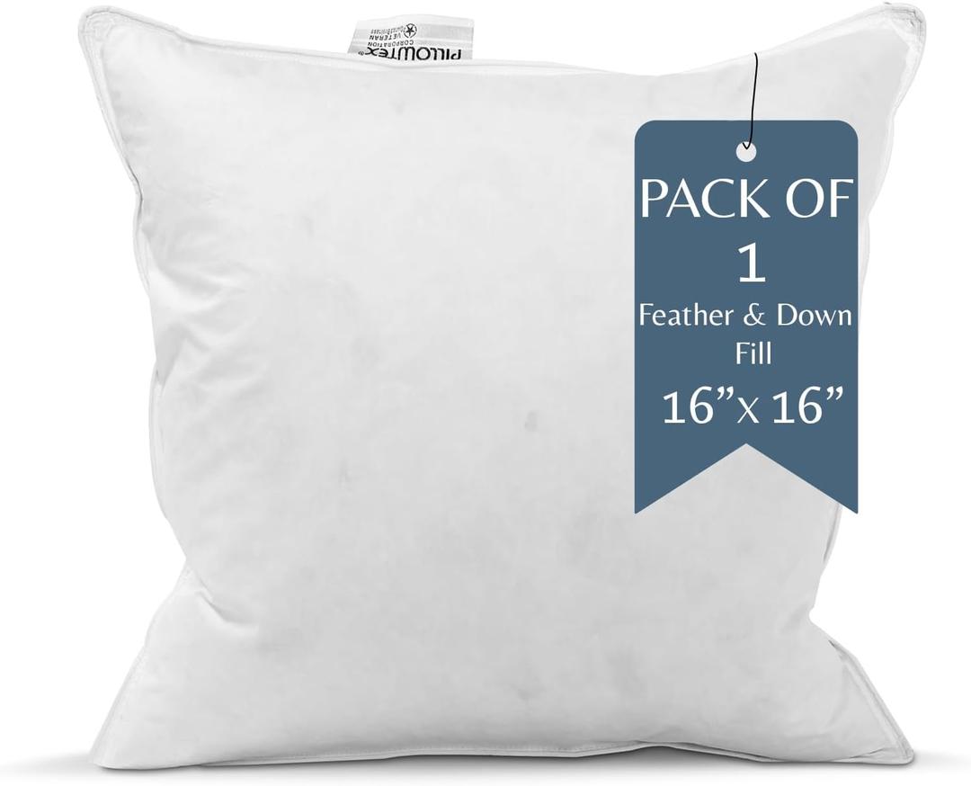 Pillowtex 16x16 White Duck Feather & Down Pillow Inserts, Pillow Forms for Couches or Bedrooms, Decorative Sham Stuffers