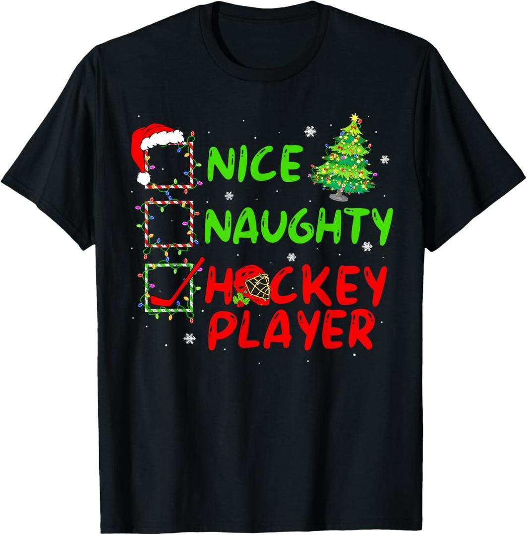 Nice Naughty Hockey Player Check List Christmas Santa Claus T-Shirt, Size M