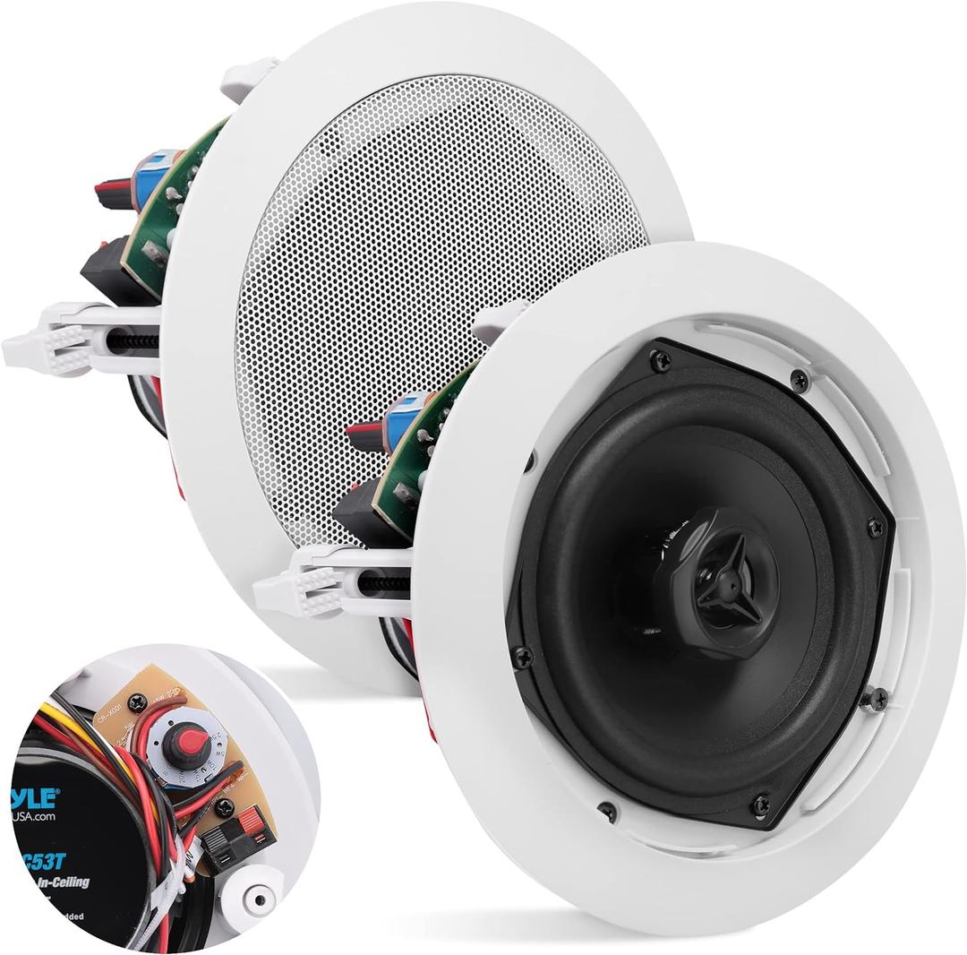 Pyle Ceiling and Wall Mount Speaker -5.25 2-Way 70V Audio Stereo Sound Subwoofer Sound with Dome Tweeter, 300 Watts,In-Wall & In-Ceiling Flush Design for Home Surround System - Pyle PDIC53T (White)