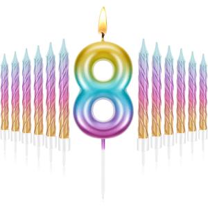 Treela 8 Birthday Candle for Cake with 12 Pieces Spiral Numeral Rainbow Gradient Candle 8th Birthday Rainbow Candles for Girls, Boy, Cake Topper Anniversary Wedding Sweet Theme Party Supplies