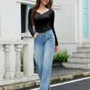 Amoretu Women's Henley Long Sleeve V Neck Shirts Slim Fitted Side Ruched Button Tops (Black, XXL)