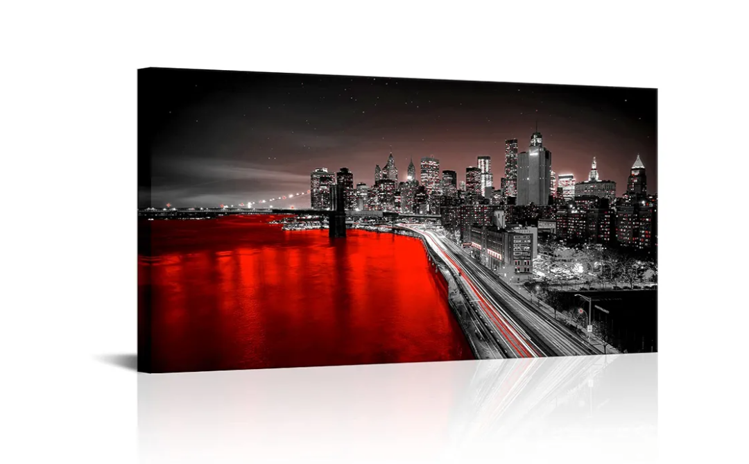 LevvArts Large New York City Wall Art Brooklyn Bridge Night View Picture Canvas Print Black and Red City Poster Painting Modern Home Office Living Room Decoration 24"x48" (Red)