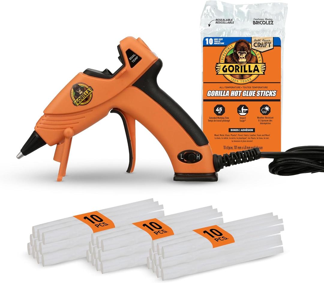 Gorilla Mini Hot Glue Gun Kit (Pack of 1 Mini Hot Glue Gun and 30 Sticks) - Dual Temp, Precision Nozzle, and Easy Squeeze Trigger