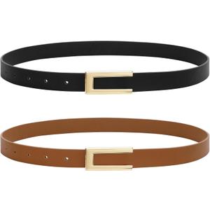 SANSTHS 2 Pack Skinny Leather Belts for Women, Ladies Thin Waist Belt for Dresses Jeans Pants with Gold Buckle