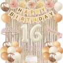 Trgowaul Champagne Gold Beige Sweet 16th Birthday Decorations for Girls, Banner, 16th Sash and Crown, Cake Topper, 16 Number Balloon, Paper Pom Poms, Fringe Curtains, Boho Birthday Party Supplies
