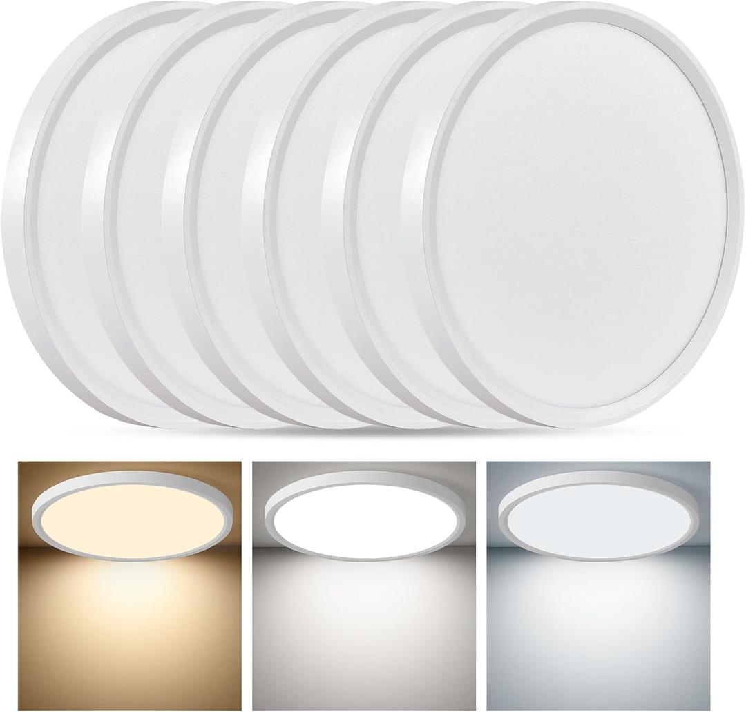 6PK 12 Inch LED Flush Mount Ceiling Light, 24W, 2520LM, 3000K/4000K/6000K CCT Selectable, 0.9inch Super Slim LED Ceiling Light Fixture, Low Profile Round Flat Panel Light for Bedroom,Kitchen,Hallway (White)