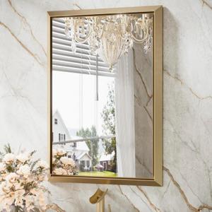 TETOTE 24 x 36 Brushed Gold Bathroom Mirror, Stereo Beveled Golden Metal Frame Rectangle Vanity Mirror for Wall Modern Farmhouse Mirror for Living Room Bedroom Entryway, Easy to Install