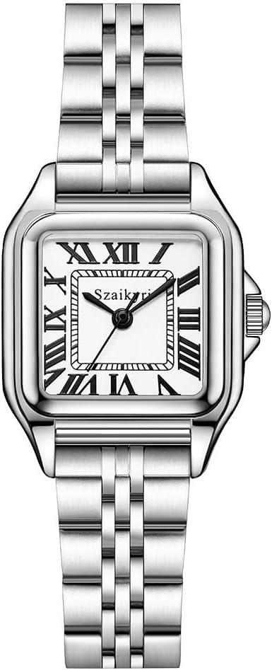 Classic Square Watches for Women with Roman Numerals Ladies Casual Dress Watch (Silver Black)