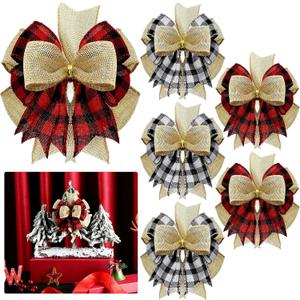 Chuangdi 6 Pcs Christmas Premade Bows for Wreaths Buffalo Plaid Bows Xmas Plaid Gift Bows Burlap Wreaths Bows Christmas Tree Topper for Wedding Holiday Thanksgiving(Black and White, Red and Black)
