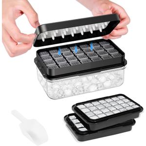Ice Cube Tray with Lid and Bin, PHINOX 56 pcs Ice Trays for Freezer, Ice Cube Trays for Freezer with 2 trays, Container, Lid & Ice Scoop, BPA Free, Black