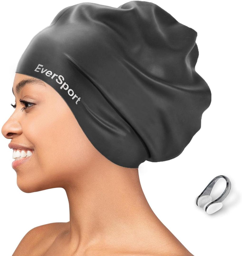 EverSport Large Swim Cap for Braids and Dreadlocks, Waterproof Silicone Swimming Cap for Women Men Keep Hair Dry (Black)