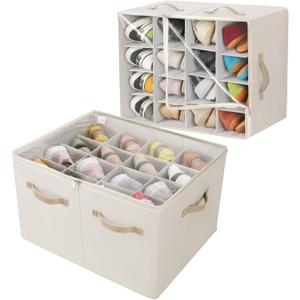 Shoe Organizer for Closet 2 Pack, Foldable Shoe Box with Adjustable Dividers and Clear Cover, Space Saving Shoe Storage Organizer Cabinet with Reinforced Handles, Fits 32 Pairs Beige TP12Y (Large(20.87''L x 16.54''W x 13.5''H))