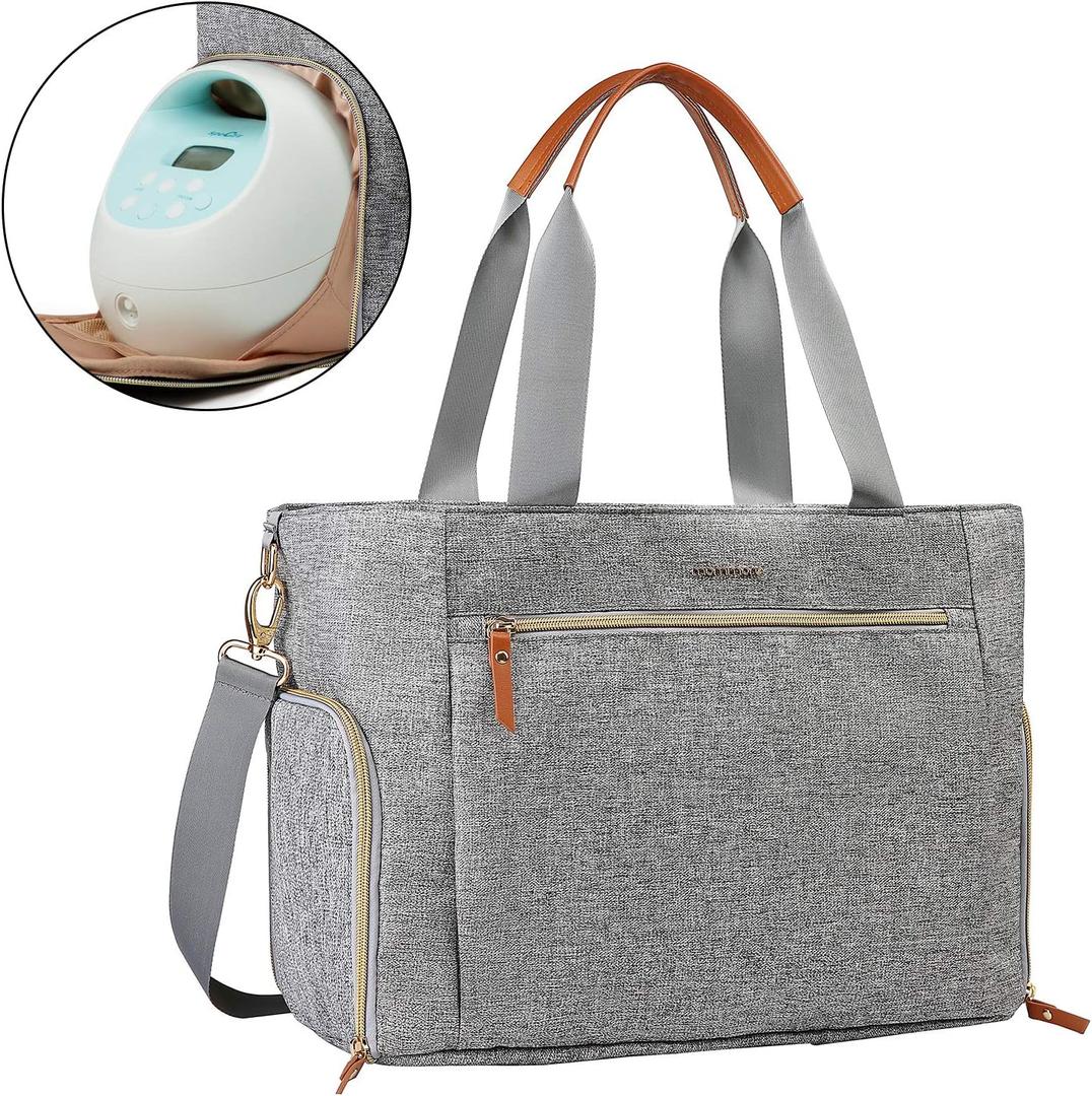 mommore Breast Pump Bag Diaper Tote Bag with 15 Inch Laptop Sleeve Fit Most Breast Pumps Like Medela, Spectra S1,S2, Evenflo (Grey)