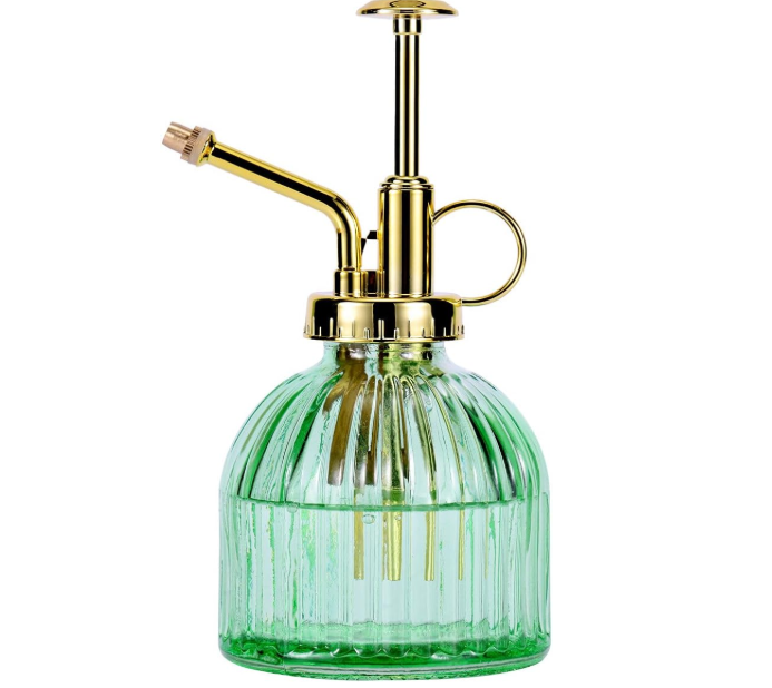 Glass Plant Mister Spray Bottle, 6.5" Green Glass Water Spray Bottle with Gold Top Pump Small Watering Can, Small Plant Sprayer Mister for Indoor Outdoor House (Green+Gold A)