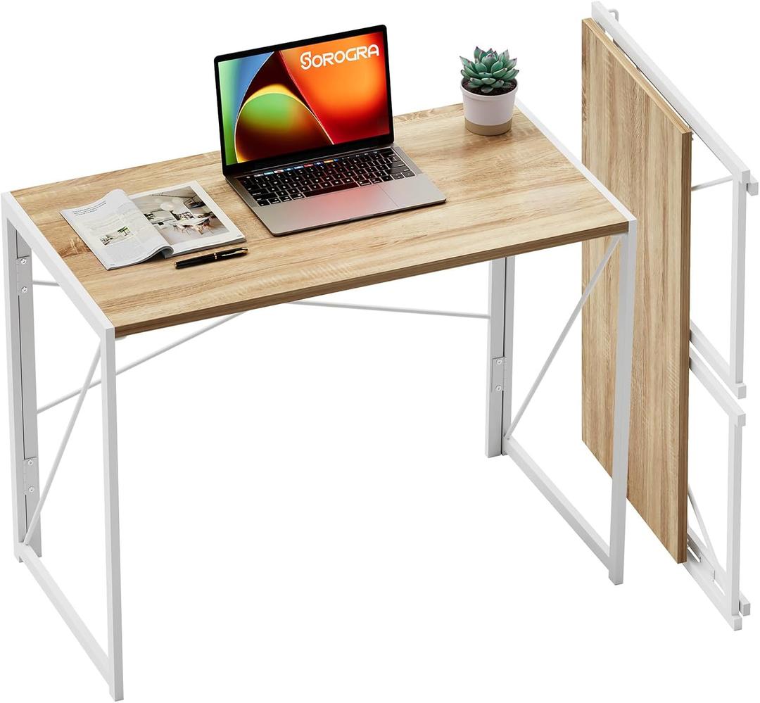 Coavas Folding Desk 31.5 inch Foldable Small Portable Computer Desks, Spaces Saving Writing Sturdy Table for Bedroom, Home Office, Dorm, Apartment, Pre Assembled, White Oak