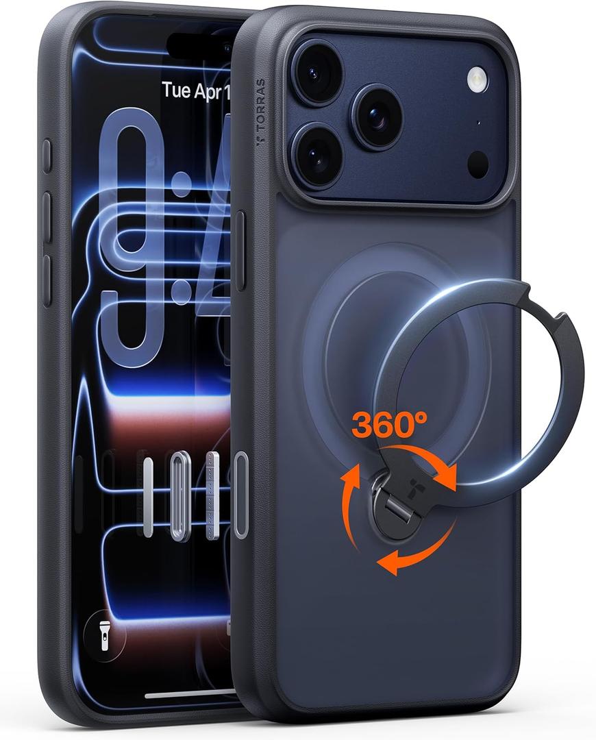TORRAS Ostand Q3 Spin for iPhone 17 Pro Case, 360 Magnetic Stand, Fit for MagSafe, Camera Control, Built-in Kickstand, 4X Military-Grade Shockproof Slim Phone Case for iPhone 17 Pro Cover 6.3", Black
