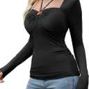 Amoretu Women's Stretchy Ruched Slim Fit Shirt Long Sleeve Going Out Fitted Tops (Black, XS)