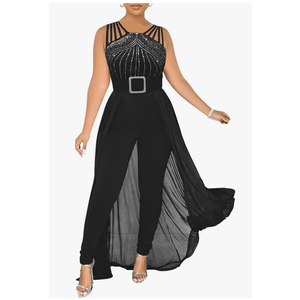 chicyes Womens One Piece Elegant Overlay Jumpsuit Dressy Sexy Bodycon Formal Sleeveless Rhinestone Romper Party Outfits XXXL
