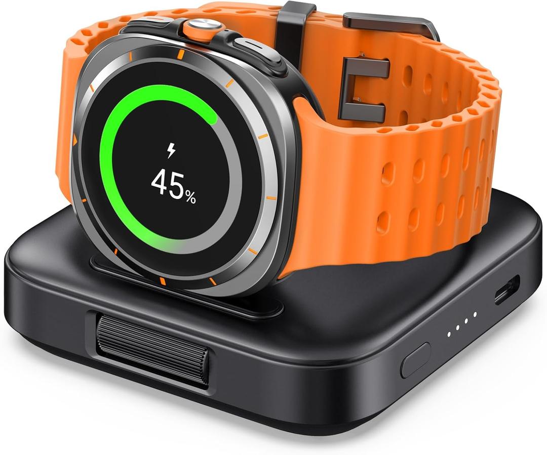 Portable Charger for Charging Samsung Watch, SwanScout 303S, 1800mAh Wireless Charger for Galaxy Watch 7/Ultra/6/6 Classic/5/5 Pro/4/4 Classic/3/Active 2/Active, Foldable for Travel (Black)