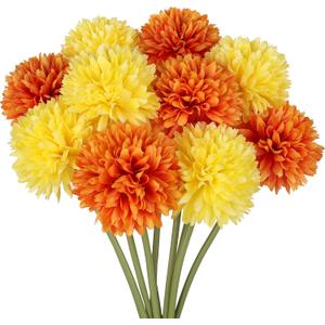 Artificial Flowers, 12Pcs Fake Flowers Silk Artificial Chrysanthemum Ball Hydrangea Bridal Wedding Bouquet for Home Garden Party Wedding Decor (Yellow,Orange, 10 Pcs)