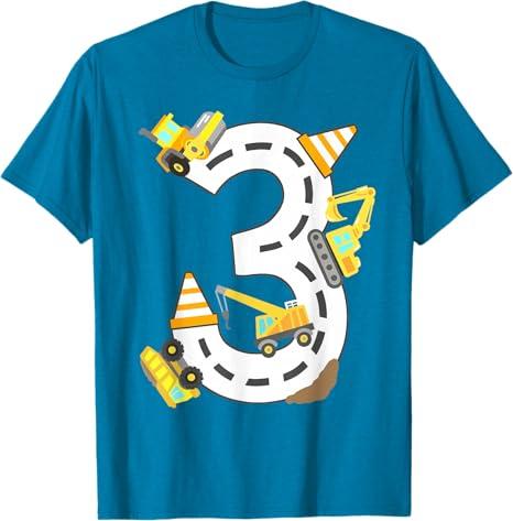 3rd Construction Birthday Party Excavator Boys 3 Years Old T-Shirt (Blue, XL)