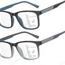 DEHOTRE 2 Pack Progressive Multifocus Reading Glasses Men Unbreakable TR90 Frame Temple Large Size Readers with Metal Inlays (Black+blue)