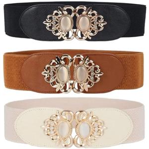 Swtddy 3 Pack Womens Vintage Wide Elastic Stretch Waist Belt For Dresses (Black+Camel+Beige, Suit For Waist Size 27"-35")