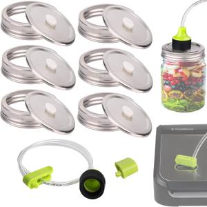 Vacuum Seal Mason Jar Lids for FoodSaver Vacuum Sealer, Vacuum Seal Lid for 3.38 in Mason Jar,6 Set Vacuum Stainless Steel Lids for Food Storage +Accessory Hose