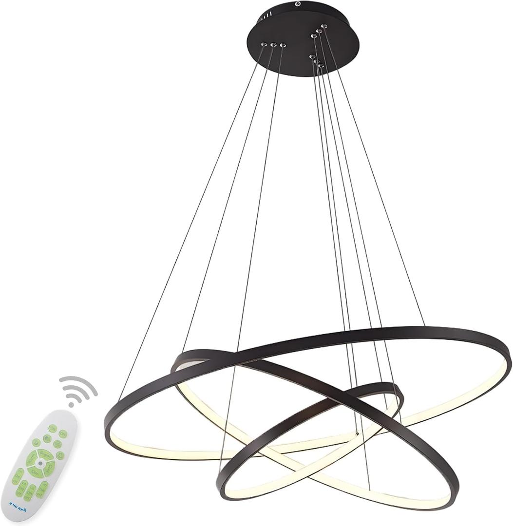 LightInTheBox Modern LED Chandelier 3 Ring Chandelier Dimmable Circular Dining Ceiling Pendant Light for Dinning Room Living Room 60+40+20cm (Black; Light Source: Stepless Dimming)