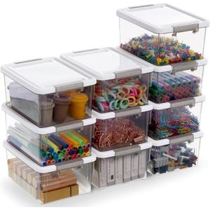 Citylife 1.32 QT 10 Pack Small Storage Bins Plastic Storage Container Stackable Box with Lids for Organizing, Clear Grey
