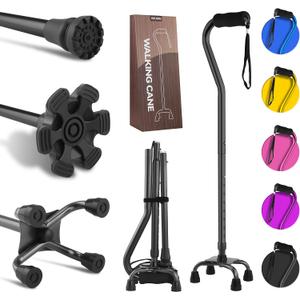 LIXIANG Walking Canes Stablize Women Quad Canes for Seniors & Adults Foldable Adjustable for Men & Women Heavy Duty Freestanding Cane for People with Leg Injuries 3 footings, 37"