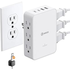 Outlet Splitter with 6 AC Side Outlets, Flat Wall Outlet Extender with PD 20W USB C, 3-Sided Electrical Outlet Extender with 4 Cable Clips for Behind Couches, Nightstands, Desks, TV