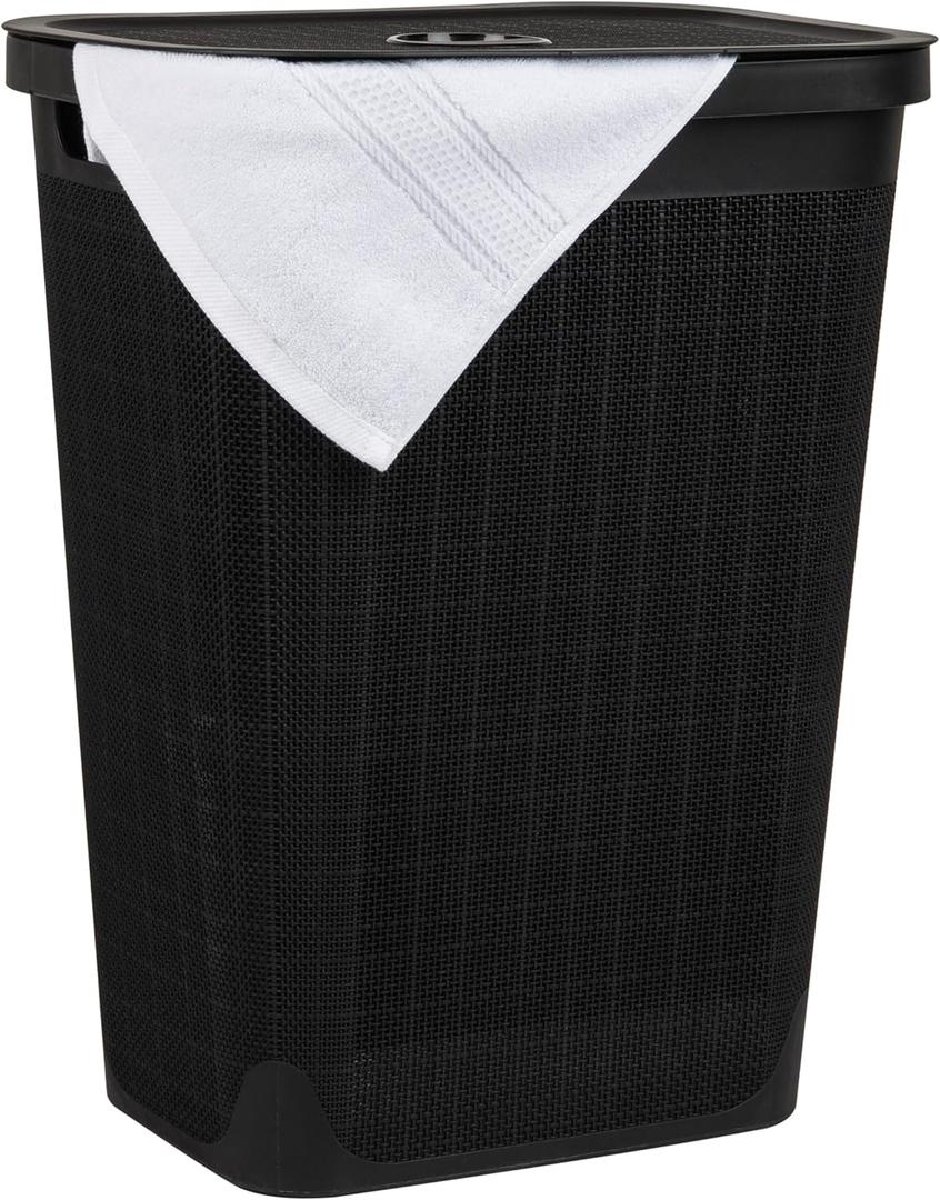 Mind Reader 60L Slim Laundry Hamper, Clothes Basket, Lid, Linen Design, Plastic, Black