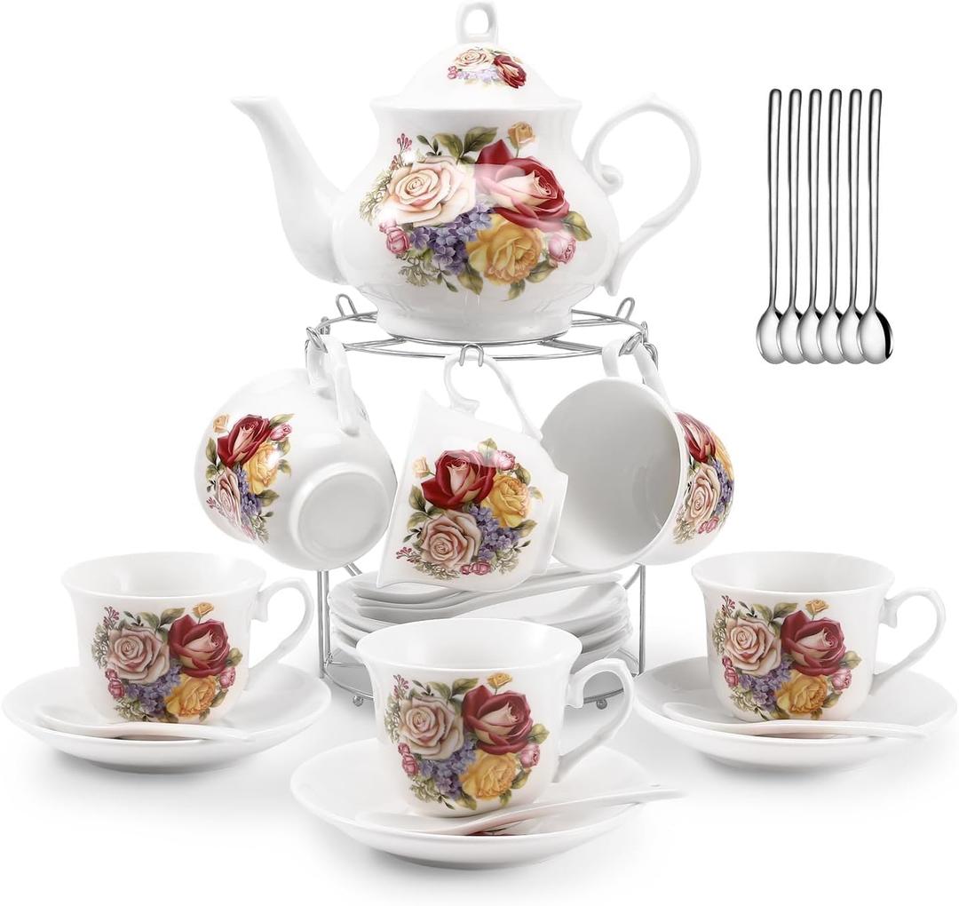 Tea Sets 26-Piece Porcelain Tea Set for Adults,Ceramic Tea Cups (7oz) & Teapot (28oz) with European Vintage Floral Design,Tea Sets For Women Tea Party High Tea,Ideal Gift