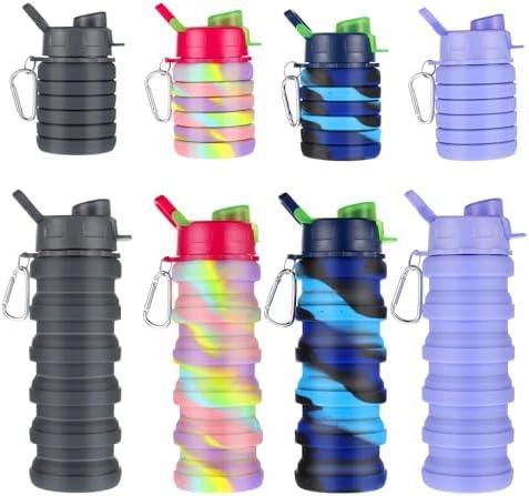 MAQUITA 5 Pcs Collapsible Water Bottles 16 oz Portable Foldable Water Bottles Silicone Leak Proof Travel Water Bottle Reusable Sports Water Bottle with Metal Clip for Camping Hiking Travel