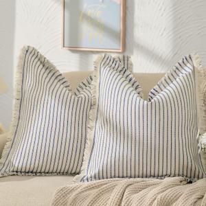 ZWJD Throw Pillow Covers 18x18 Set of 2 Striped Pillow Covers with Fringe Chic Cotton Decorative Pillows Square Cushion Covers for Sofa Couch Bed Living Room Farmhouse Decor (Bright Blue)