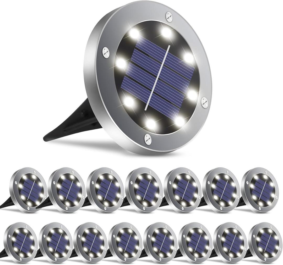 Solar Ground Lights 16 Packs, Garden Solar Outdoor Waterproof Pathway Bright In-Ground Landscape Lights for Patio, Lawn, Yard, Driveway, Step and Walkway White Light