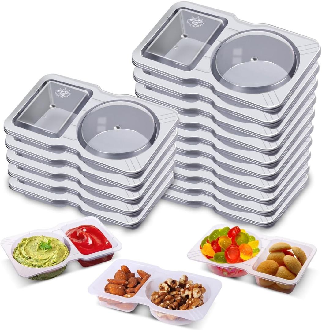 40 Pack Disposable Snack Containers with Lids, Double Compartment Condiment Container for Kids, Small Plastic Dip Sauce Cups for Lunch Meal Prep