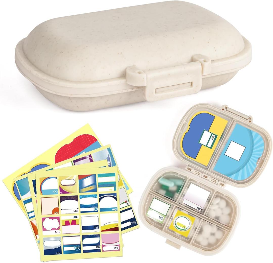 1Pack Travel Pill Organizer & 56 Medicine Name Stickers, 8 Compartments Portable Pill Case, Small Pill Box for Pocket Purse Portable Medicine Vitamin Container (Beige with Stickers)