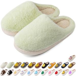 AIMINUO Women's Men's Retro Preppy Happy Face Slippers Comfy Warm Plush Slip-On House Slipper for Winter Indoor Soft Cushion Non-slip Fluffy Slides Slippers (Bunny-fur-light-green)
