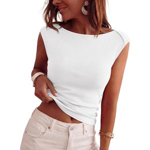 BTFBM Women's Ribbed Tank Tops 2026 Summer Cap Sleeve Boat Neck Slim Fitted Knit Basic Casual Tee Shirts Fashion Clothes(White, Medium)