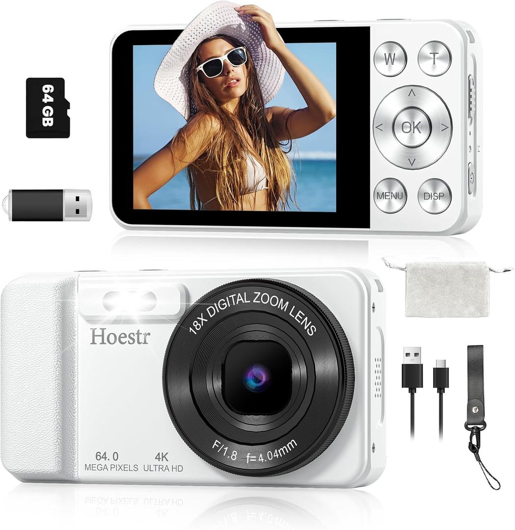 64MP 4K Digital Camera, Hoestr 18X Zoom Autofocus Point and Shoot Compact Camera with 64GB TF Card, Flash, 2.8" LCD Screen for Teens Adult Beginner Travel Photography Vlogging, White