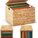 Large Decorative File Box Water Hyacinth Letter/Legal Size File Organizer with Lid Collapsible Hand Woven Filing Cabinet for Office/Home Decor(Light Color, 16.54'' X 14.57'' X 11.4'')