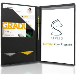 STYLIO Padfolio Portfolio Organizer Binder | Interview Resume Folder, Legal Document, Business Card Holder |w/Letter-Sized Notepad | Handsome Piano Noir Faux Leather Folio Matte Finish, Accent Stitch (Padfolio (12.5" x 9.6" x 0.9"), Black)