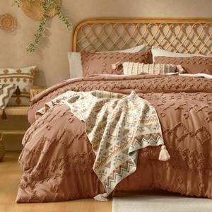 Tufted Boho King Size Comforter Set, 3 Pieces Burnt Orange Boho Bed Set, Farmhouse Shabby Chic Embroidery Bedding for All Seasons, Soft Jacquard King Bedding Set with Comforter  2 Pillow Shams