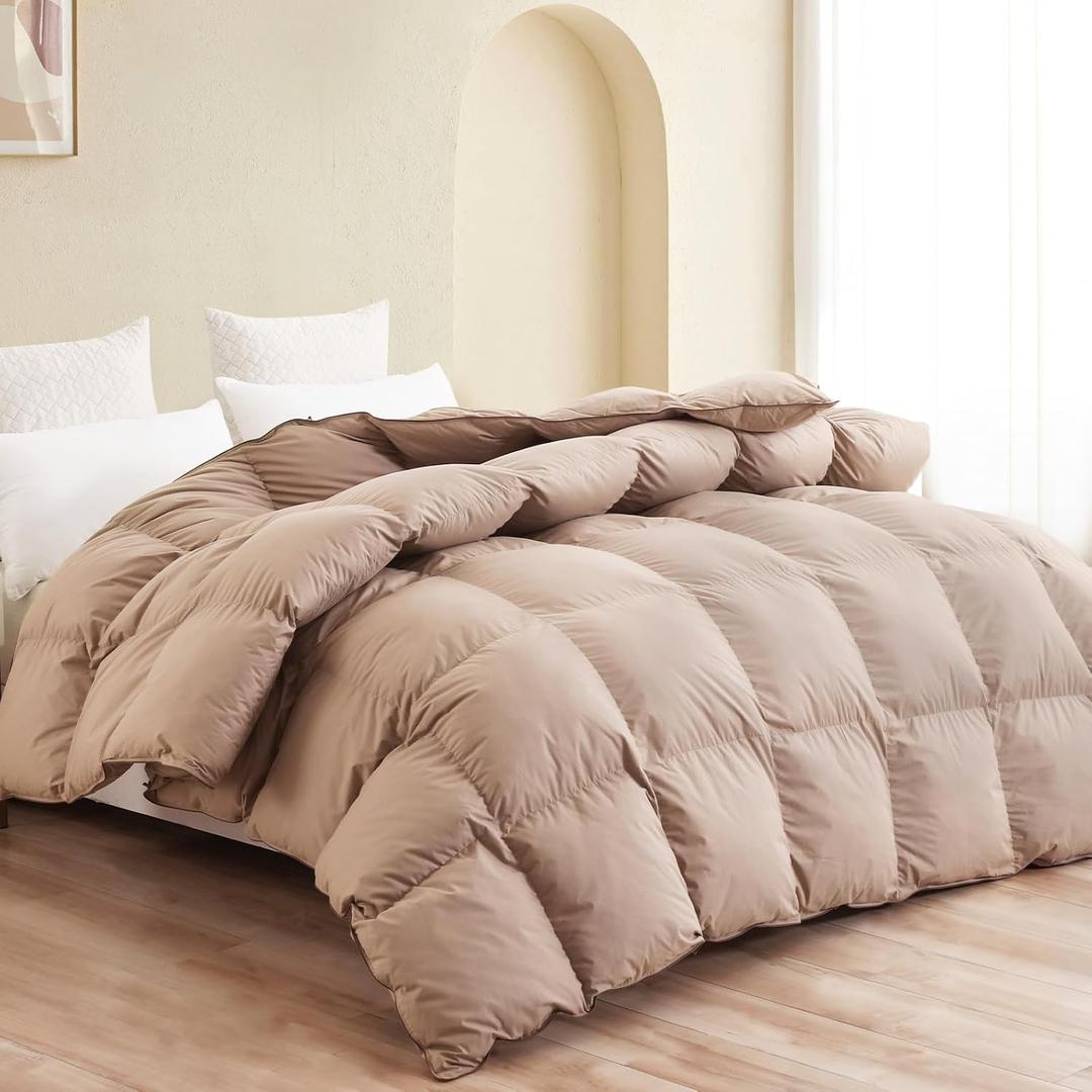 SNOWMAN Premium Down Comforter Super King Size, Luxurious All Season Duvet Insert with Cotton Blended Fabric, 65oz Fill Weight 3D Baffle Box Design Hotel Bedding Comforter (Khaki,120"x120")