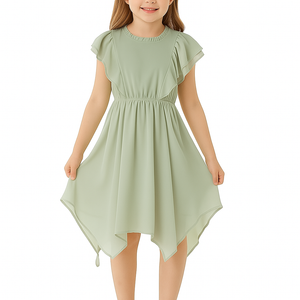 GRACE KARIN Summer Dresses for Girls Ruffled Round Neck Double Ruffle Sleeves A-line Casual Party Dress, Sage Green, 8Y